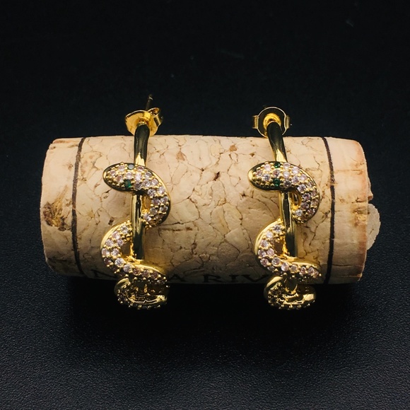 Victorian Gothic Gold Snake Serpent Hoops with Emerald Green Crystal Eyes - Picture 1 of 7